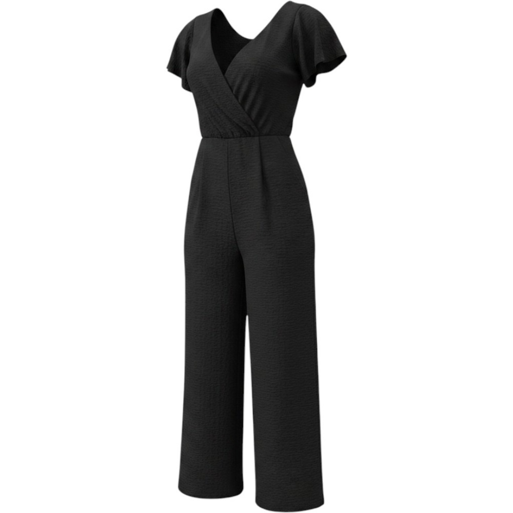 Monteau Jumpsuit Womens S Black Wrap V-Neck Flutter Sleeve Wide Leg Textured New